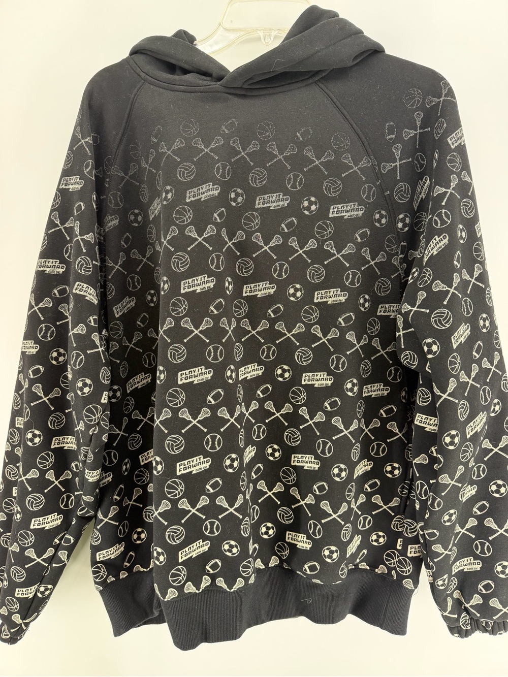 S21 Black Hoodie with White Sports Icon Print Play it Forward - Men M
